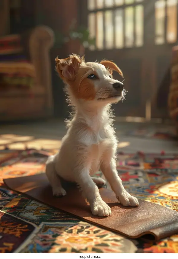 A cute puppy sitting on a yoga mat