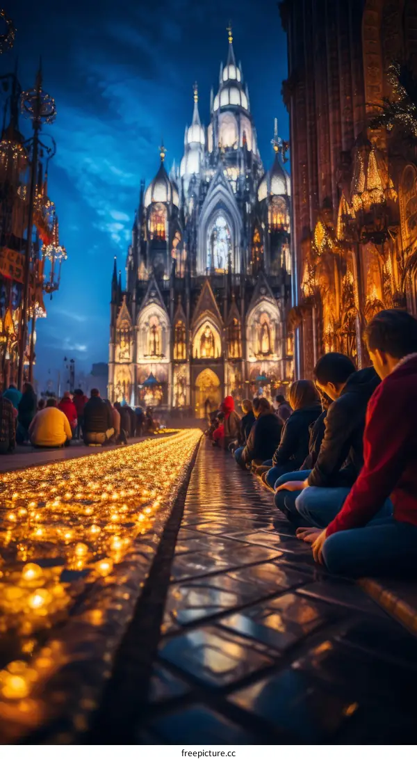 People Kneeling and Sitting in Awe at the Illuminated Cathedral