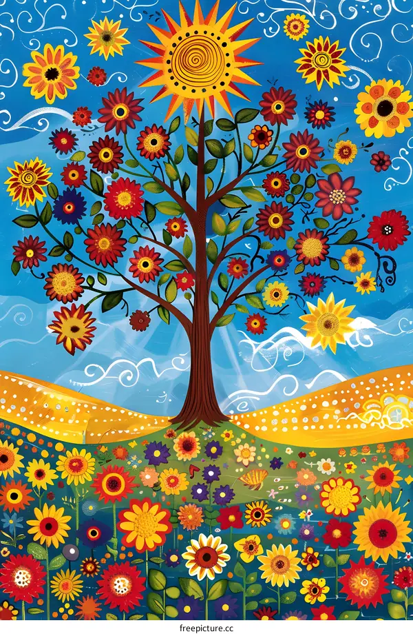 Colorful Floral Tree with Sun Illustration