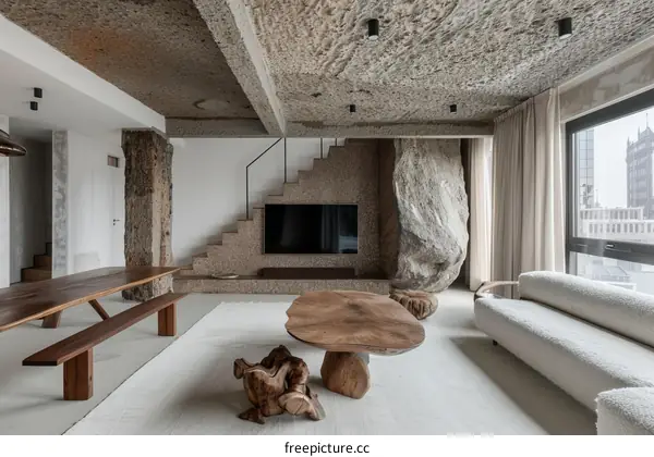 Stunning apartment interior design with stone wall and wooden furniture