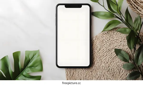 Blank Screen Smartphone Mockup On Marble Background With Green Leaves