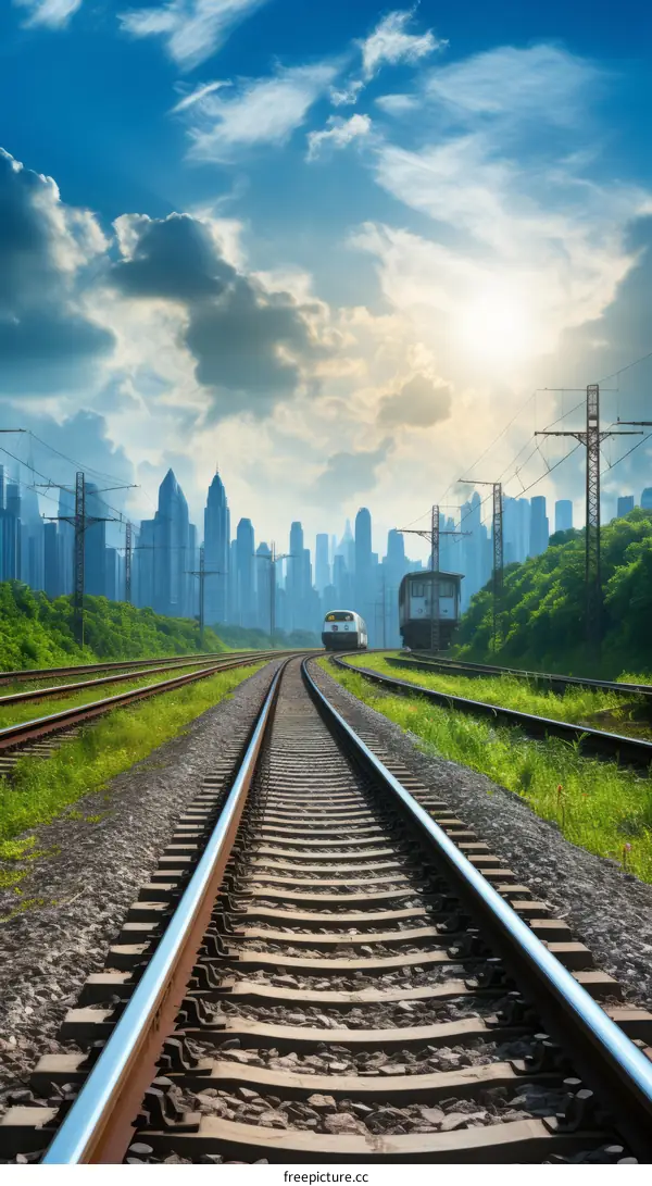 The railroad tracks stretch toward the city skyline in the distance