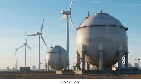 Wind turbines and spherical storage tanks in industrial area