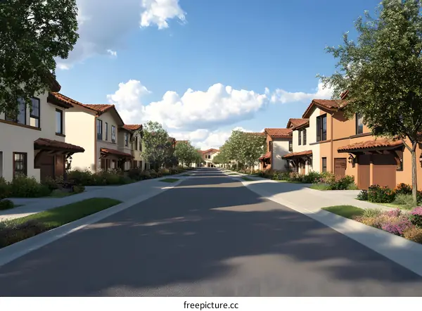 Suburban Neighborhood Street View with Row Houses and Trees