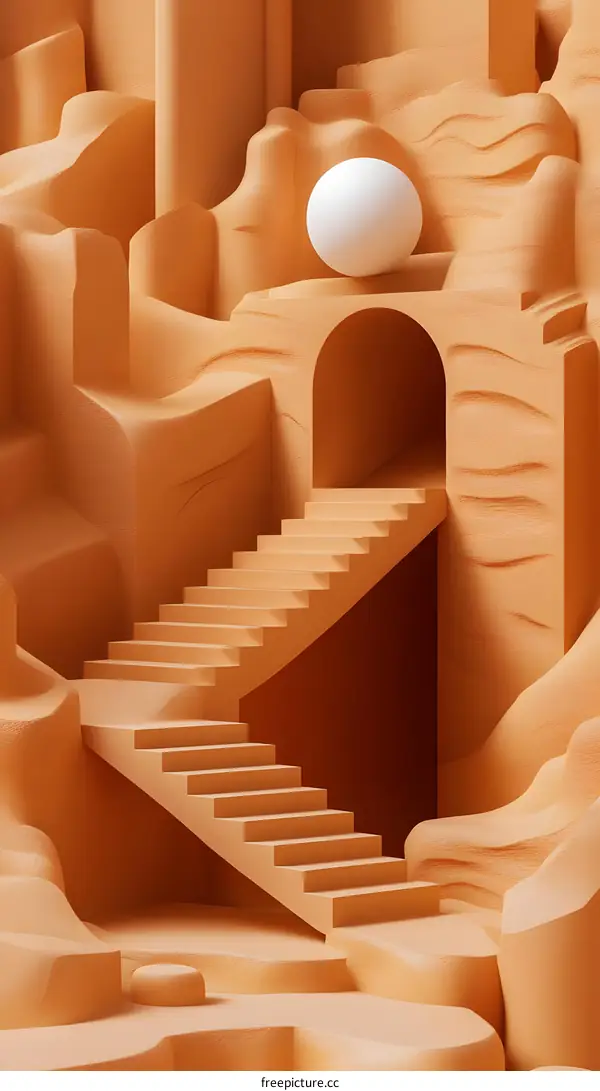 Abstract Orange 3D Staircase With White Sphere