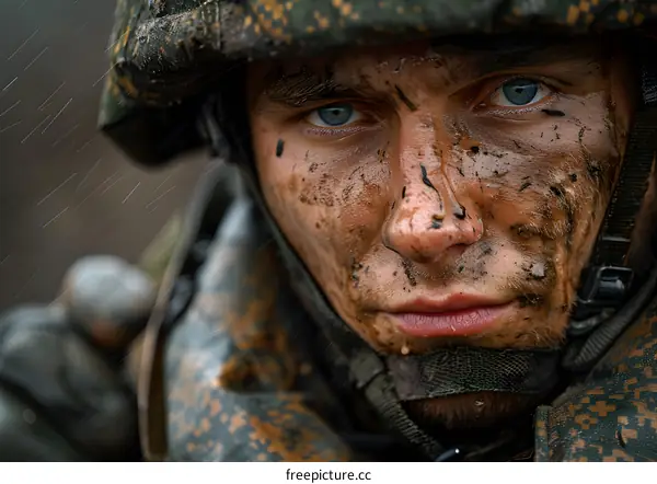 Portrait of a young soldier with mud on his face