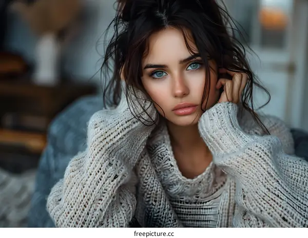Beautiful Woman with Blue Eyes Posing in a Knitted Sweater