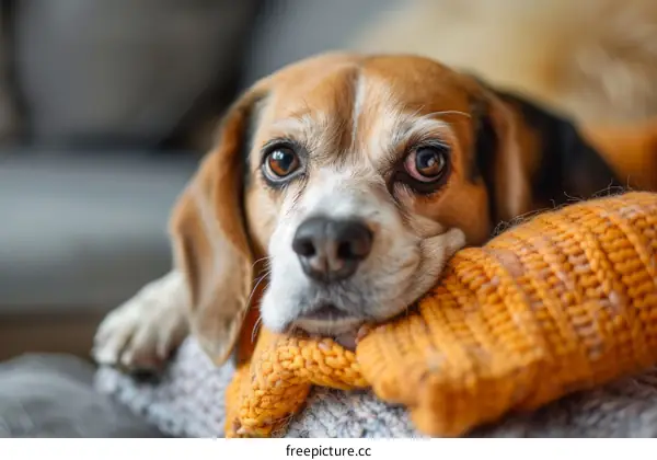 Beagle Dog Resting on a Couch with Yellow Blanket