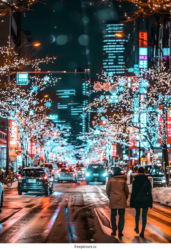 Couple Walking on City Street at Night With Christmas Lights