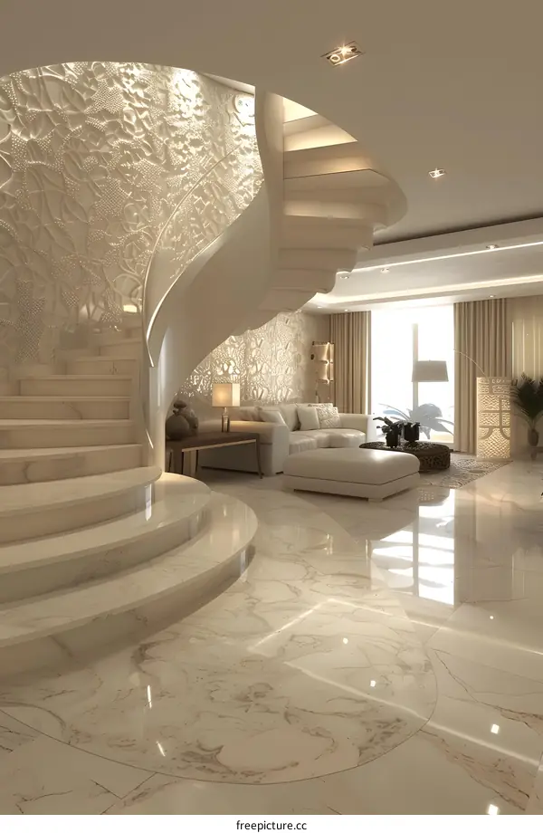 Modern Interior Design With White Marble Staircase and White Sofa