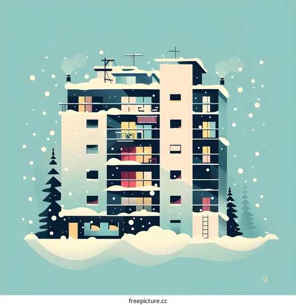Snowy Apartment Building Illustration