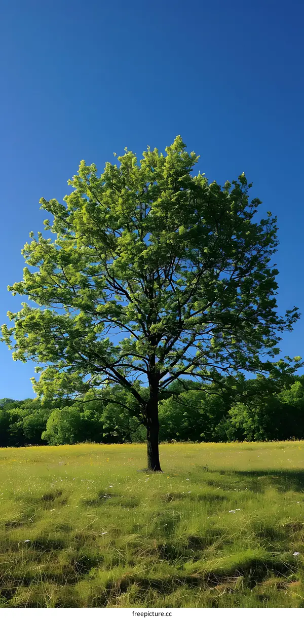 The green tree is standing in the middle of the field