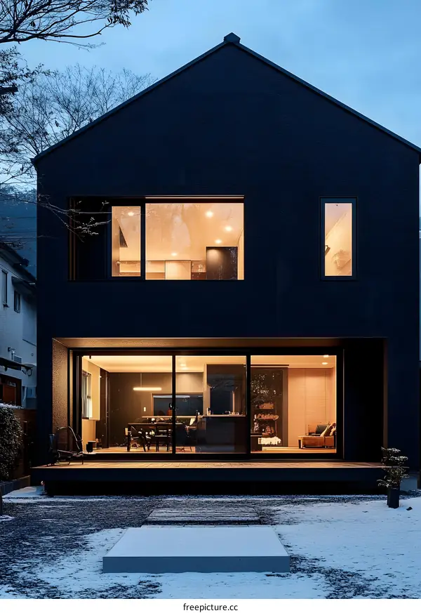 Modern Black House with Large Windows and a Wooden Deck