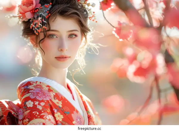 Portrait of a beautiful Japanese woman in traditional kimono