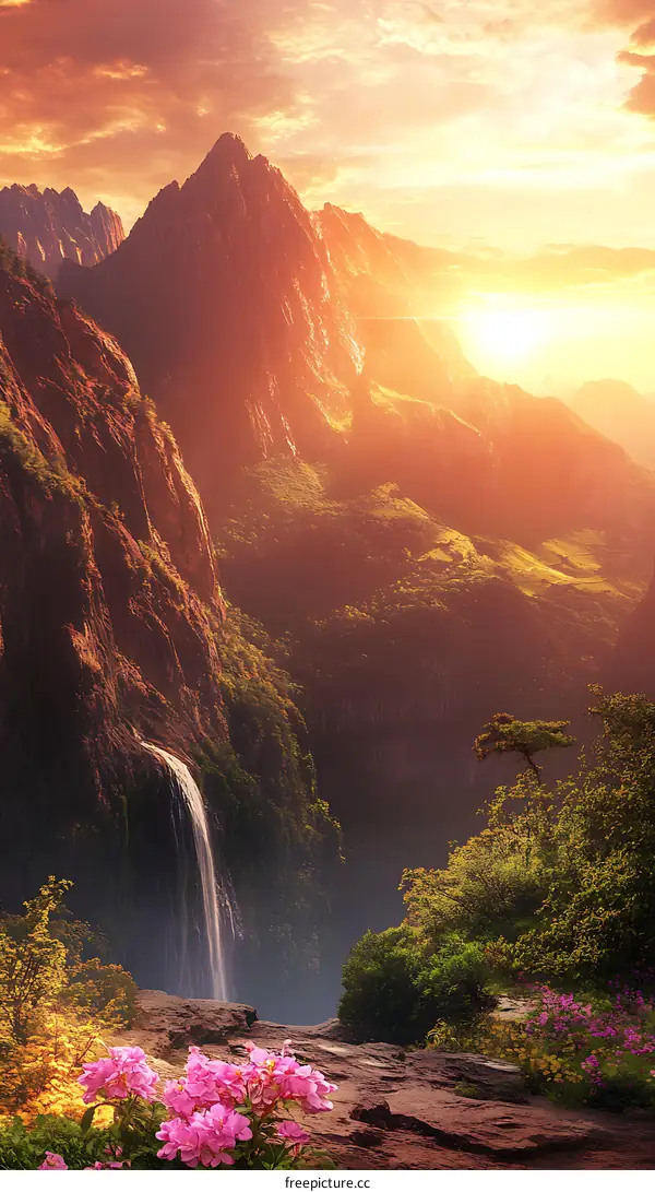 Majestic Mountain Waterfall at Sunset