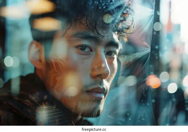 Portrait of a young Asian man looking through a window