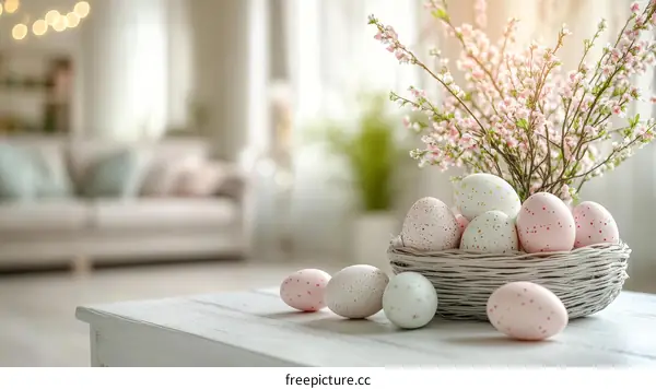 Easter Decorated Eggs in a Basket in a Cozy Living Room