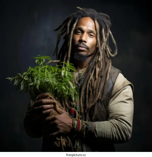 portrait of a rastafarian man holding a cannabis plant