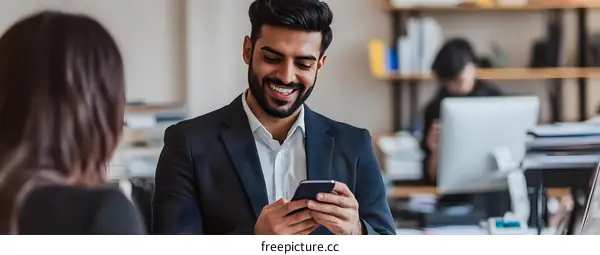 Smiling Man Checking Phone In Office
