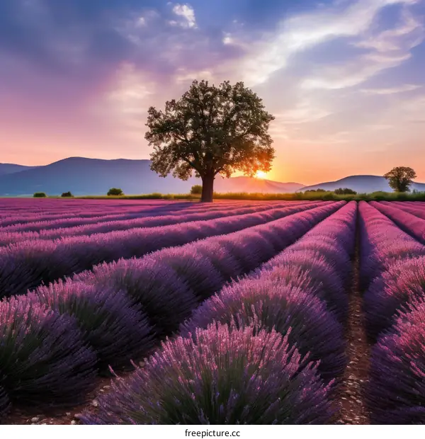 Lavender field with a tree at sunset