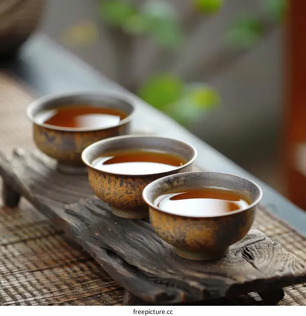 Three Chinese Teacups on a Wooden Table