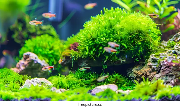 Green Mossy Aquarium With Small Fish