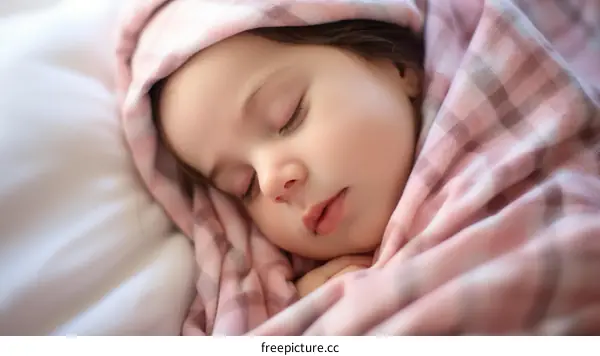 A sleeping child is wrapped in a pink blanket