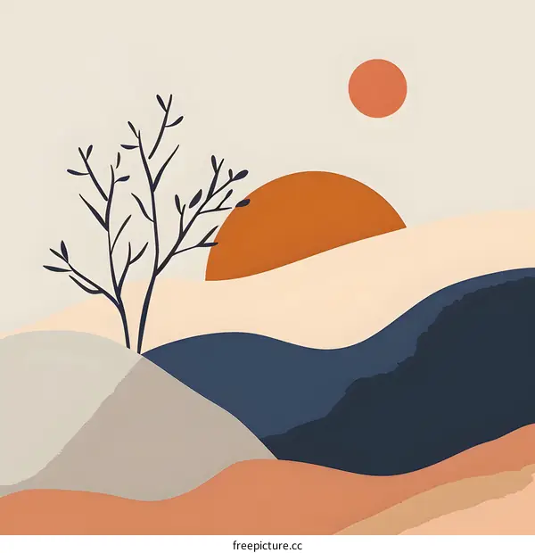Minimalist Abstract Landscape with Tree and Sun