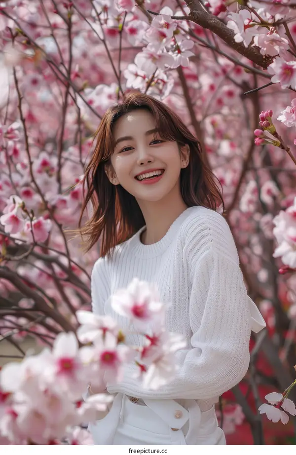 A young woman standing in a field of cherry blossoms