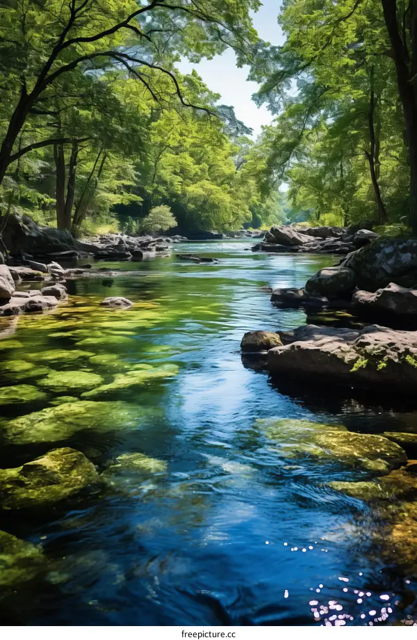 A beautiful river flowing through a lush green forest