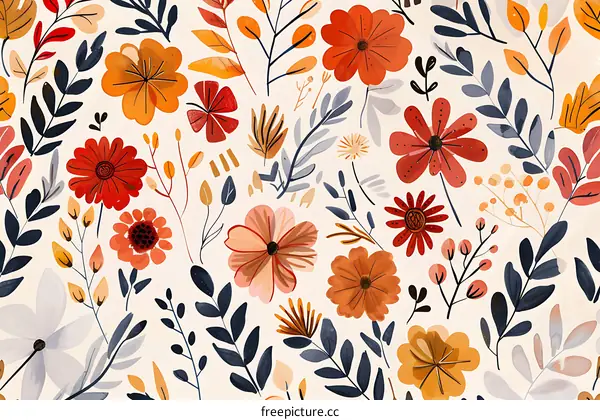 Floral Pattern with Watercolor Flowers and Leaves