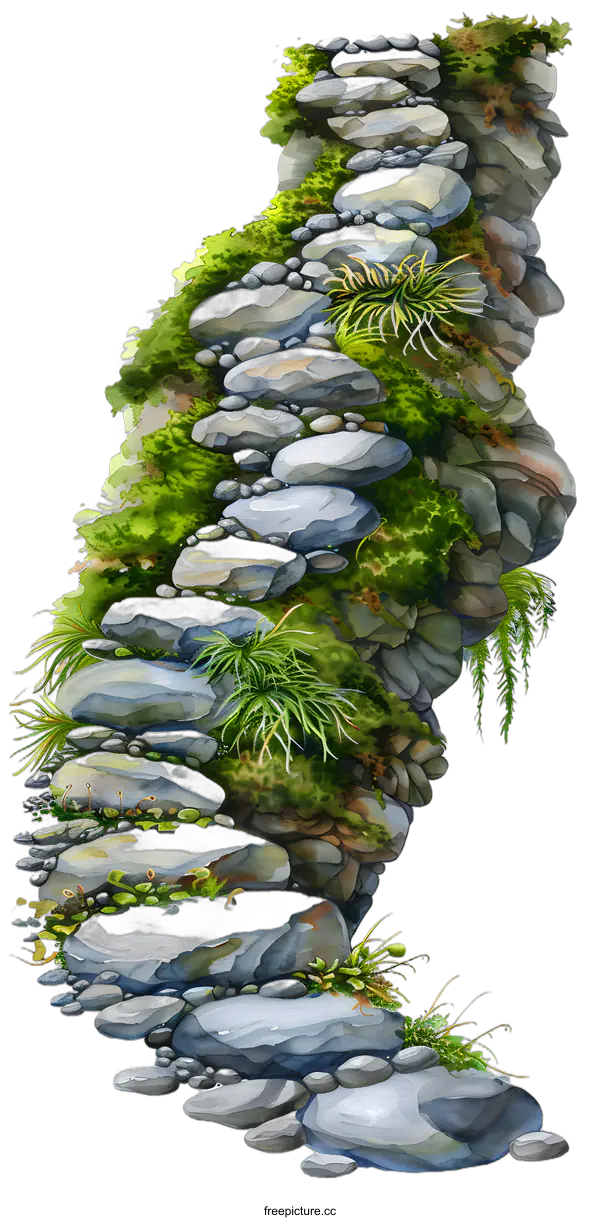 [Transparent Background PNG]Watercolor Illustration of Stone Pathway with Greenery