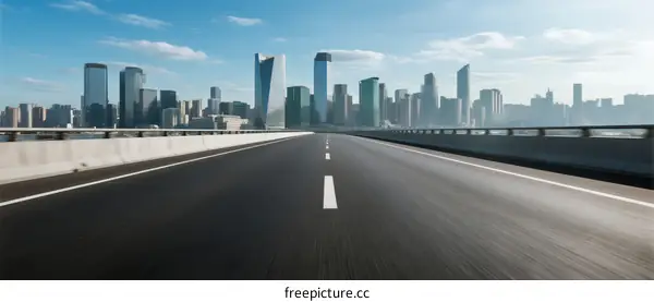 Smooth road leading to modern city skyline with tall buildings