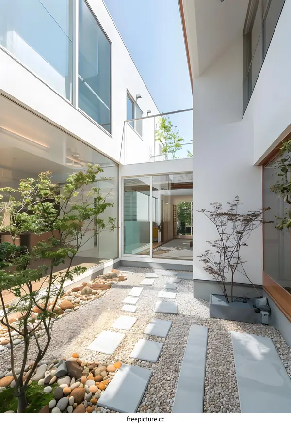 Modern Japanese Garden Courtyard with Stone Path and Trees