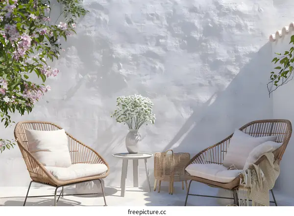 Two Wicker Chairs On A Patio With Flowers And A White Wall