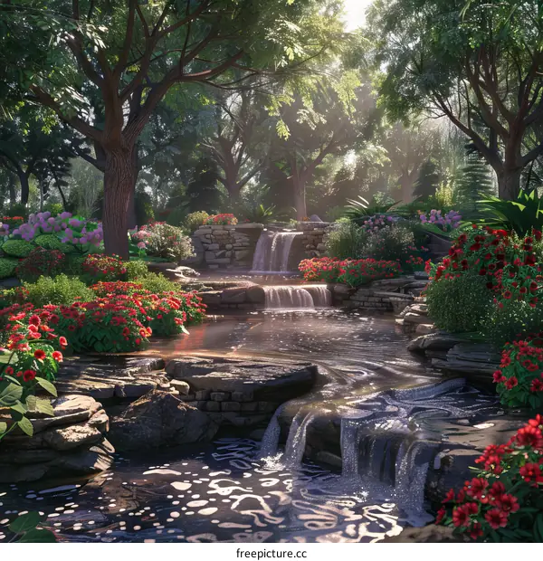 Garden landscape design, gardens, nature, scenery, rockeries, flowing water, flowers, plants and trees