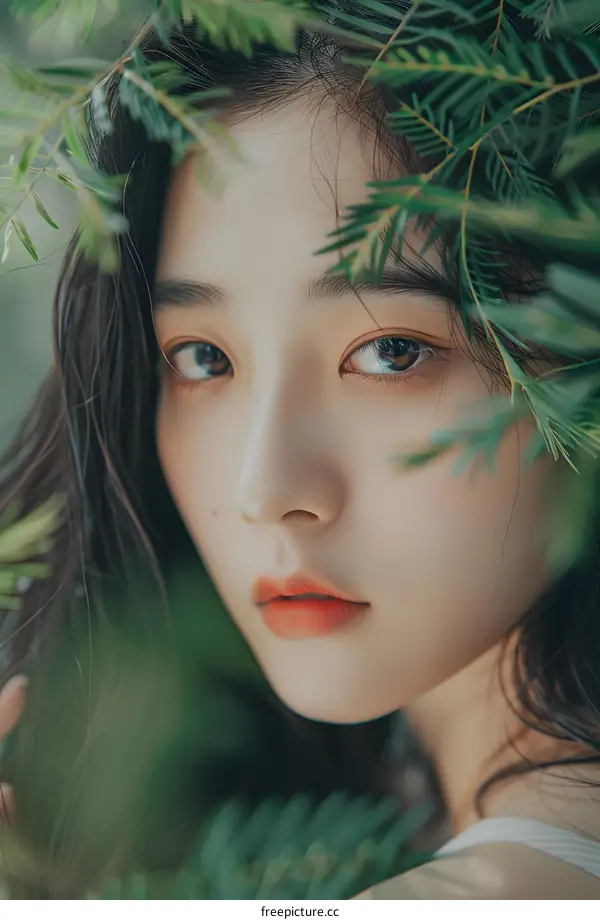 Beautiful Asian Woman with Green Leaves