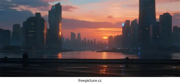 Stunning sunset over a modern city skyline with tall buildings