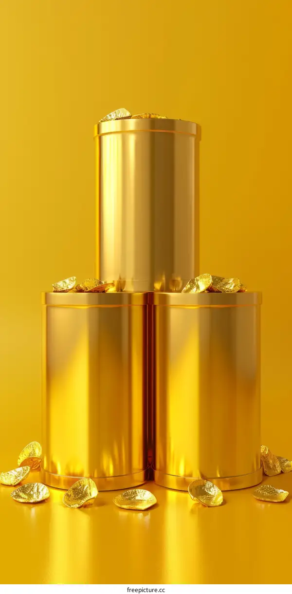 Three stacked gold cylinders with scattered gold flakes