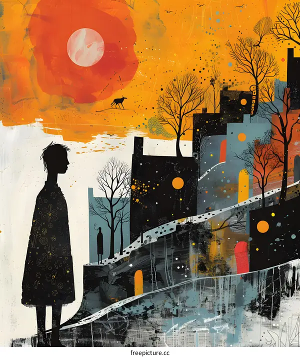 boy looking at surreal cityscape