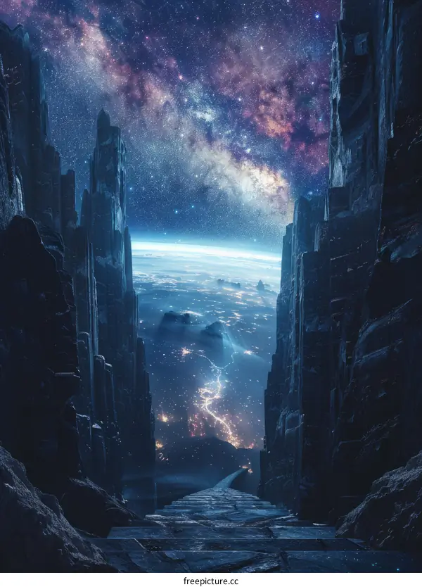 Fantasy landscape with a view of the Earth from a mountain pass