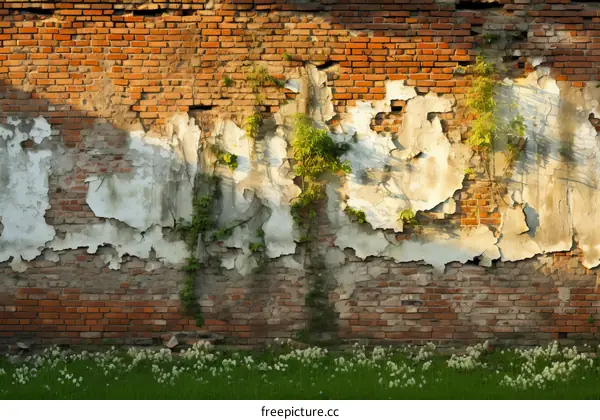 Brick Wall with Peeling Paint and Growing Plants