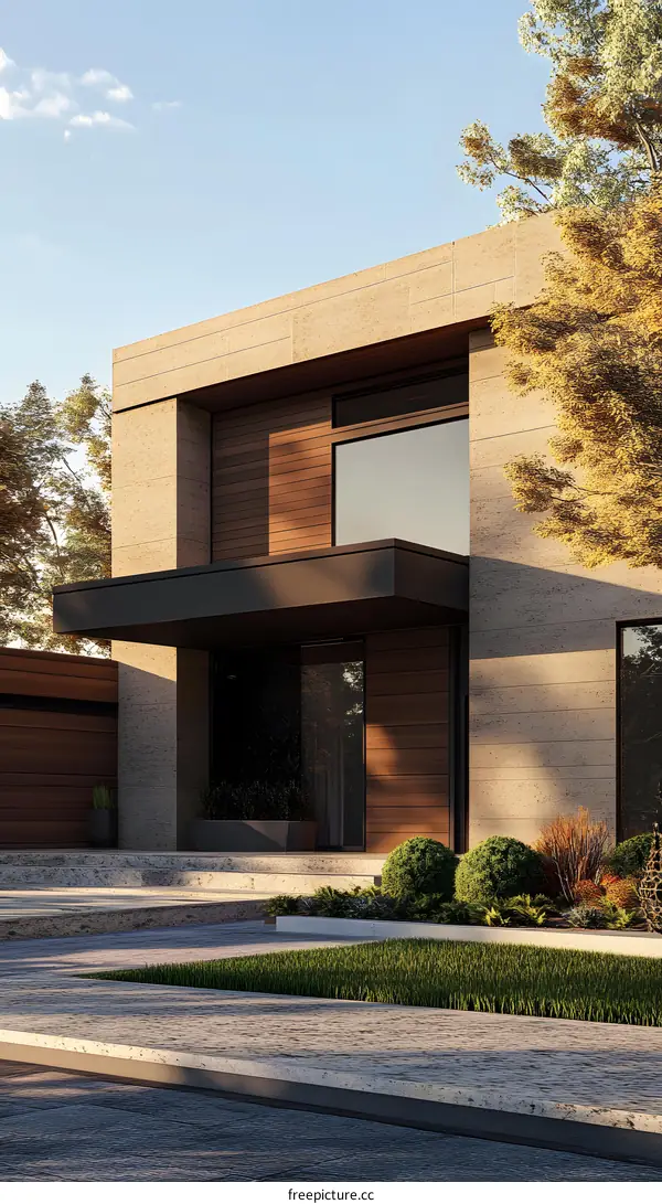 Modern House Exterior Design with Stone and Wood