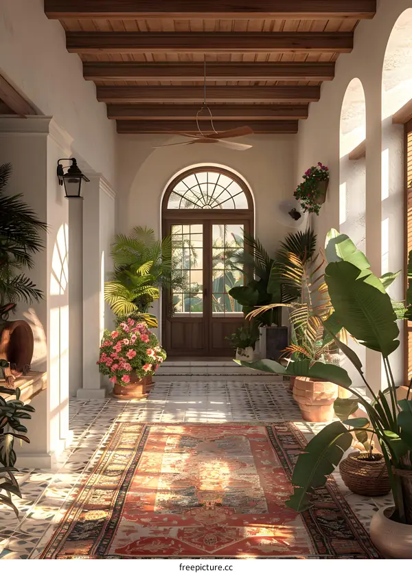 Sunlit Mediterranean Entryway with Plants