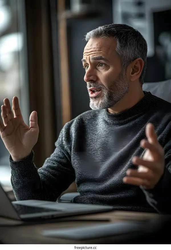 Confident Mature Businessman with Grey Hair Talking During Online Meeting on Laptop