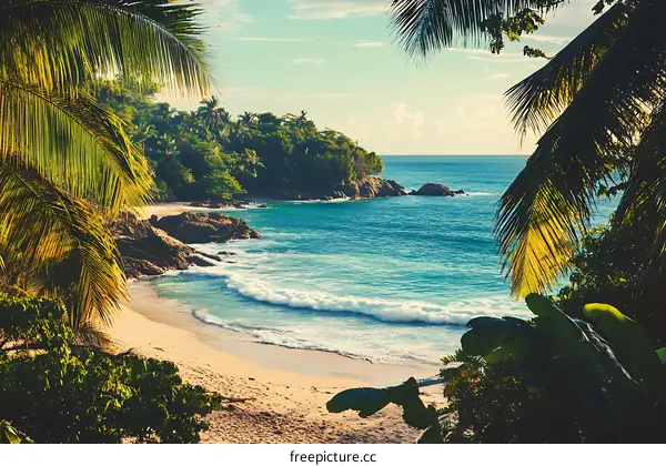 Tropical Beach View Through Palm Trees