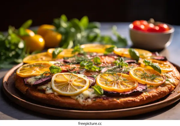 Mouth-watering Pizza Topped with Fresh Lemon Slices, Cherry Tomatoes and Basil