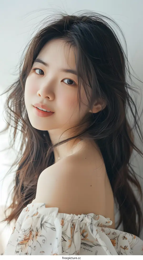 Beautiful Young Asian Woman with Long Hair and Floral Dress