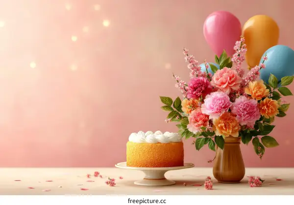 Birthday Celebration with Cake and Flowers