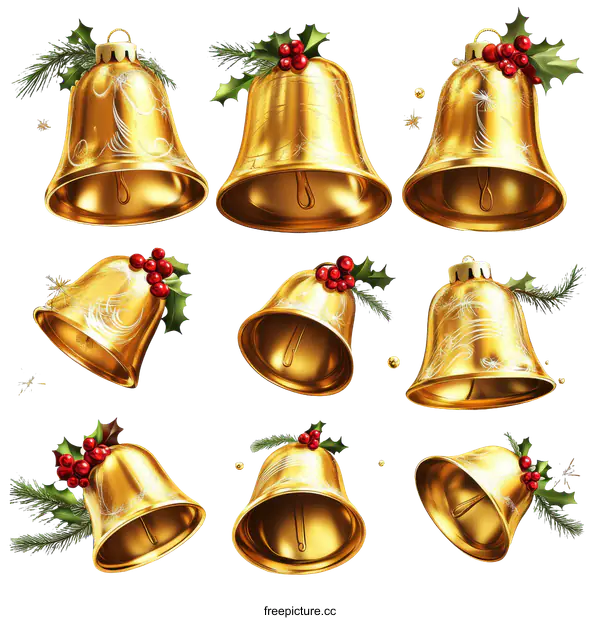 [Transparent Background PNG]Golden Christmas Bells with Holly